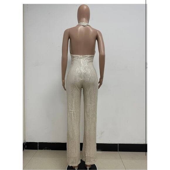Curvy Plus XXL Gold Sexy Halter Cowl Neck Sparkly Jumpsuits Sleeveless Sequin - Picture 3 of 5